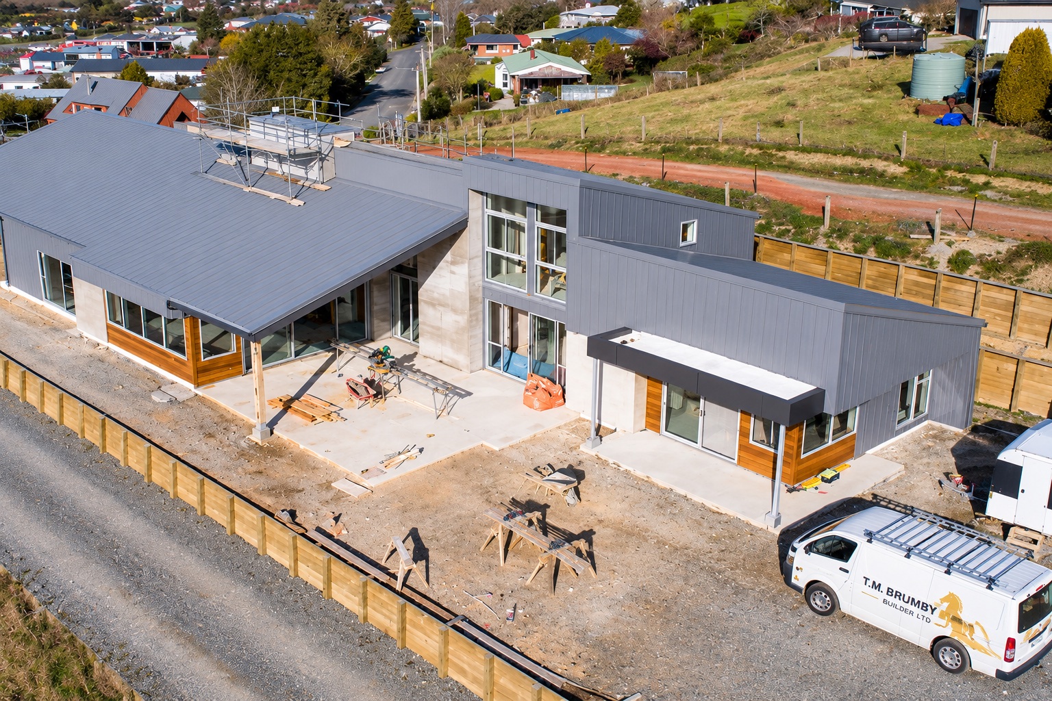 Aerial view of a large home under construction